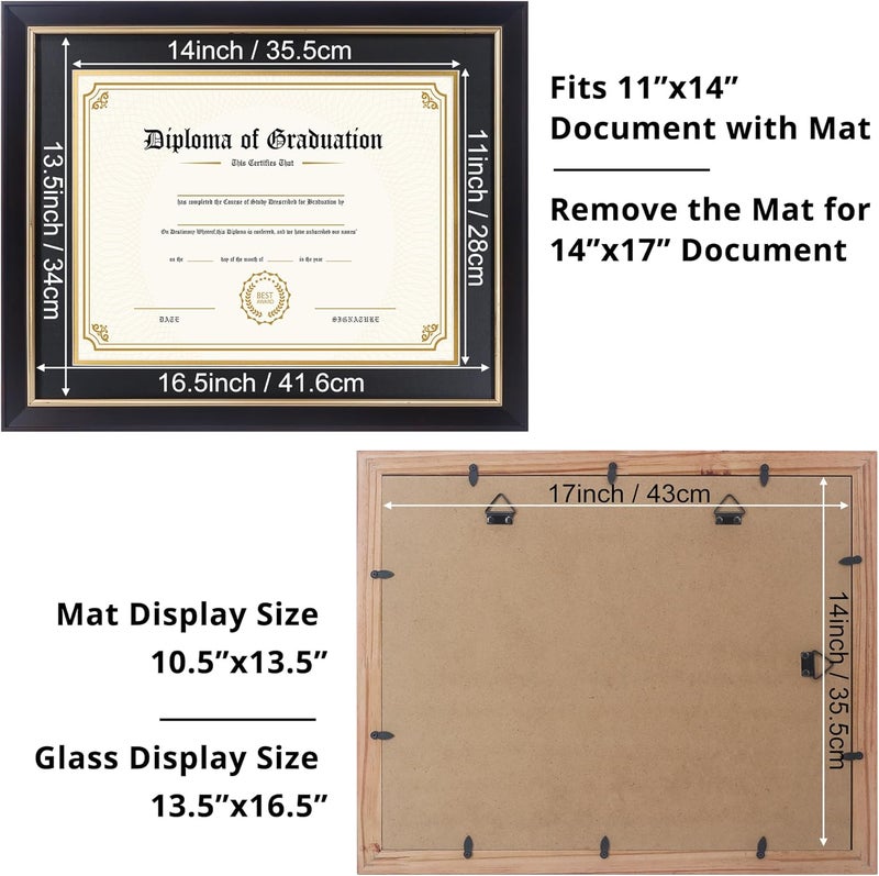 FramePro 11x14 Diploma Frame with Black over Gold Mat, 14x17 Certificate Frame, Real Wood with Gold Trim, Black Frame with Arcylic - Image 3